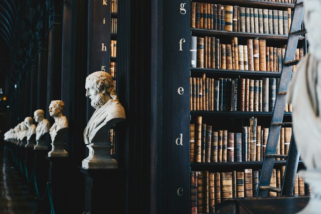 Biblioteca cu sculpturi cu busturi aliniate in rand