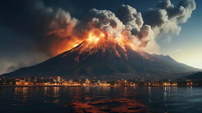 Imagine cu un vulcan ce erupe langa un oras