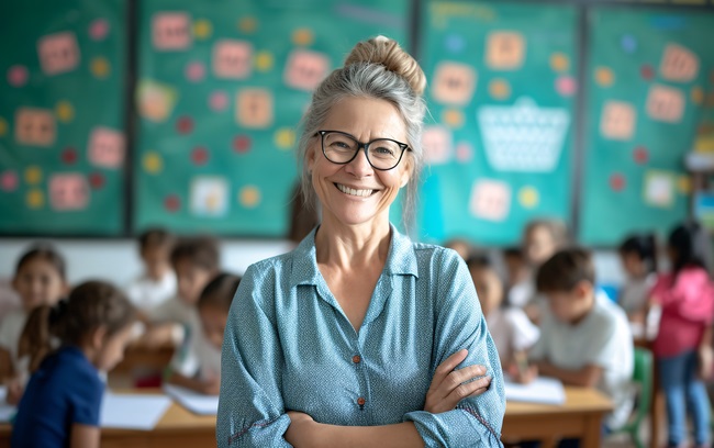 Profesoară care zâmbește și elevi în spatele ei