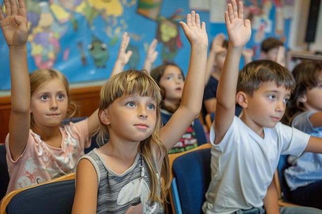 Copii de școală primară în clasă cu mâinile ridicate