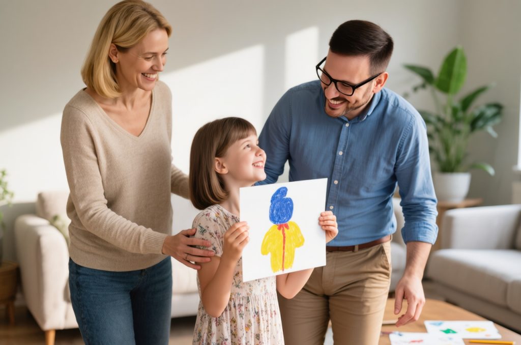 fetita cu parintii ei fericiti acasa