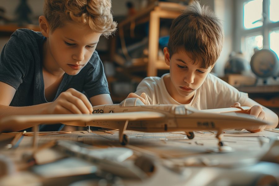 baieti cu o macheta de avion