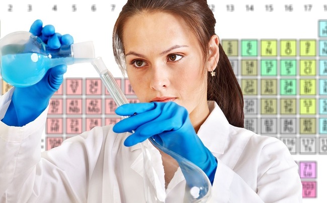 Chimista si pe fundal tabelul lui mendeleev