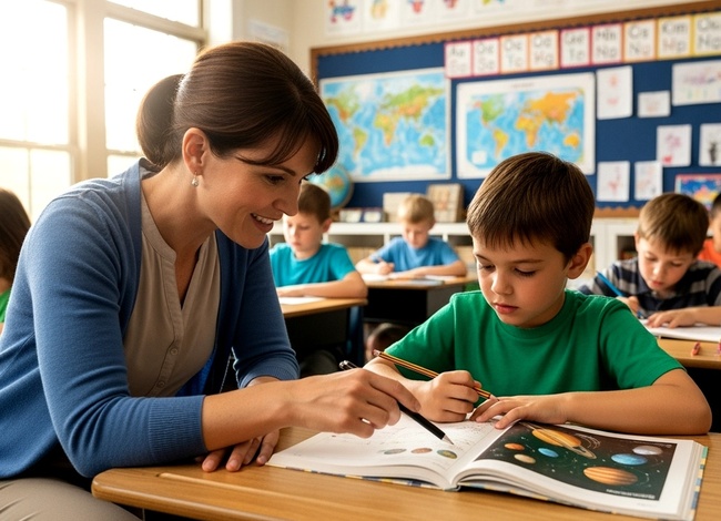 profesoara care explica unui elev in clasa