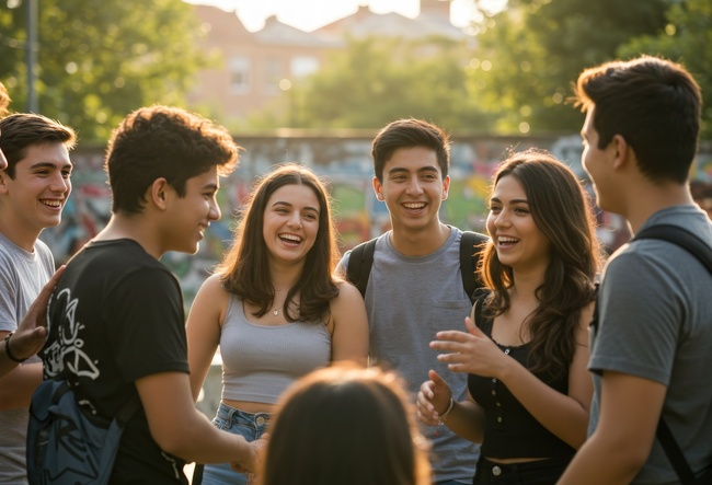 Adolescenti care vorbesc si rad impreuna