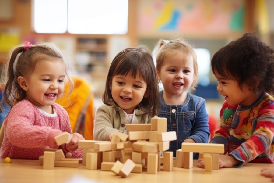 copii care se joaca cu cuburi de lemn