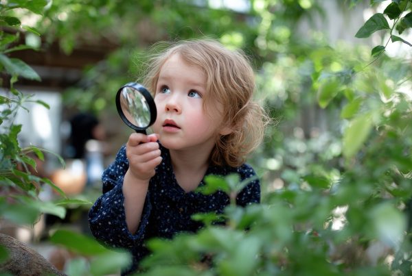 copil cu lupa studiaza plantele