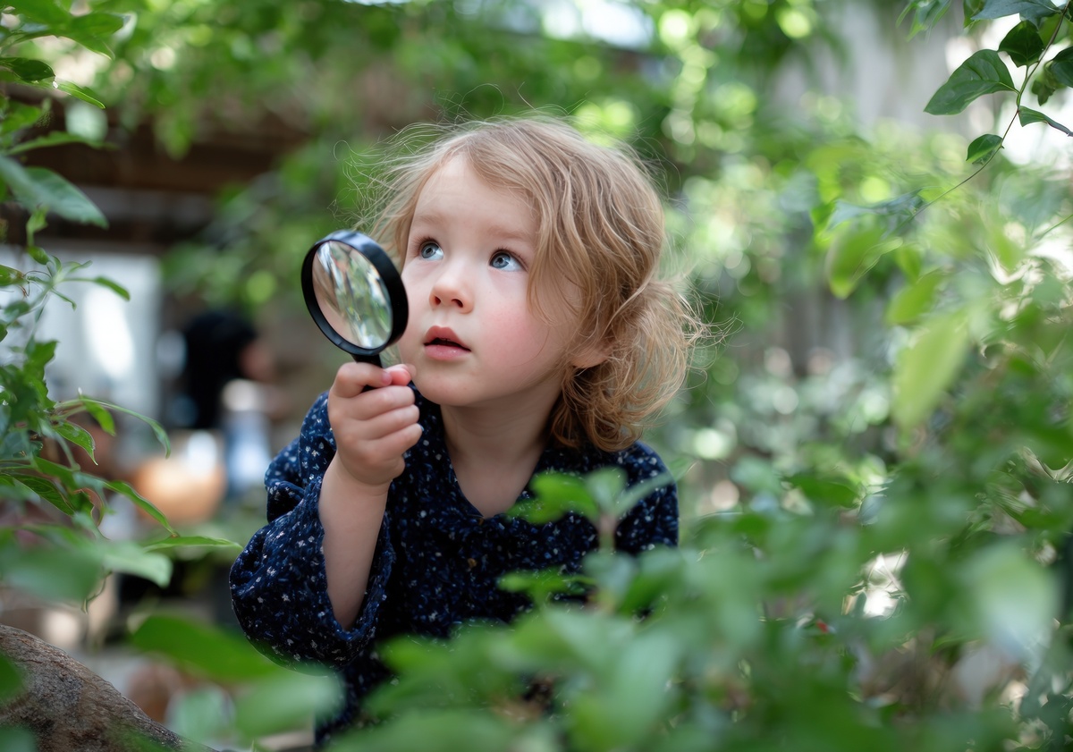 copil cu lupa studiaza plantele