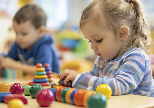 fetita care se joaca cu jucarii de lemn colorate