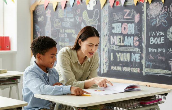 O profesoară ajută un elev într-o sală de clasă