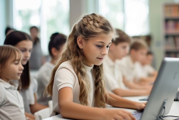 Elevi care se uita pe laptop in clasa