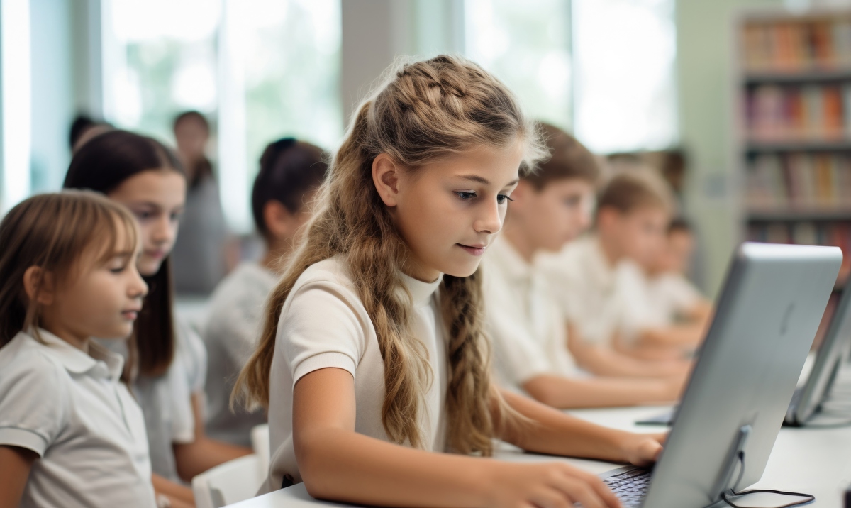 Elevi care se uita pe laptop in clasa