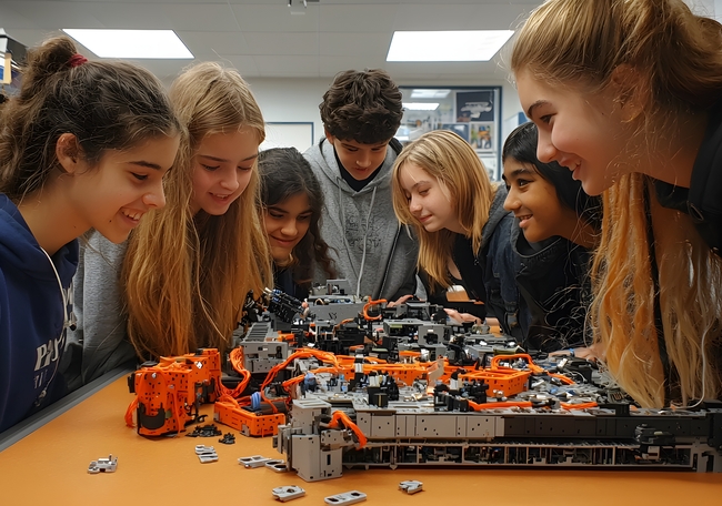 Elevi care lucreaza la un robot