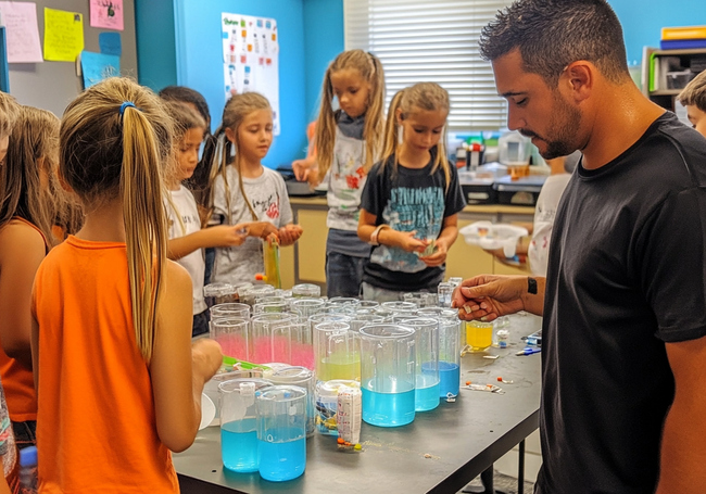 grup de copii care fac experimente stiintifice la clasa