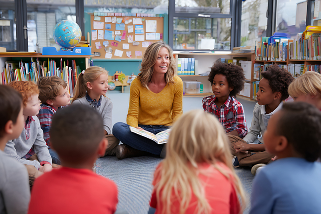 Profesoara care citeste unui grup de elevi