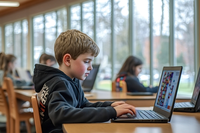 Baiat care se uita pe laptop in clasa