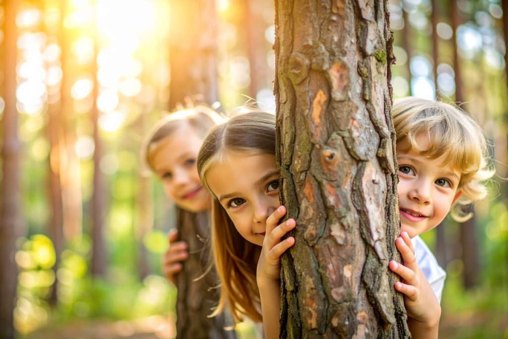 copii care se joaca de-a-v-ati ascunselea printre copaci