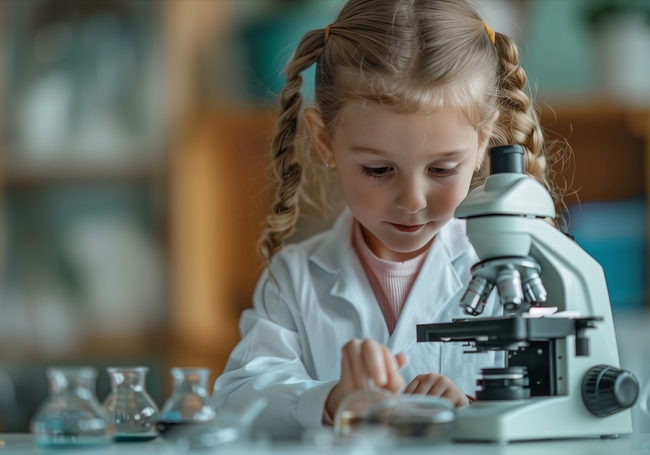 Eleva care foloseste un microscop