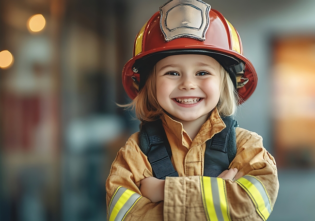 prescolar imbracat in uniforma de pompier