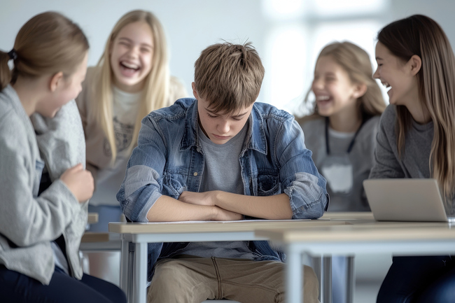 Baiat suparat care sta in banca si fete care rad de el