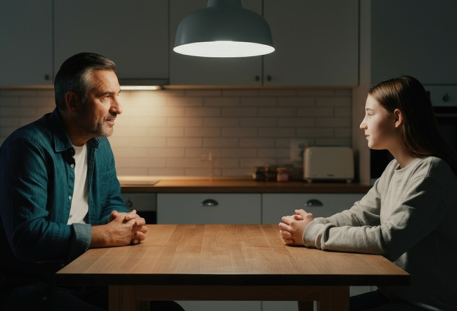 Tata si fiica stau la discutii la masa in bucatarie