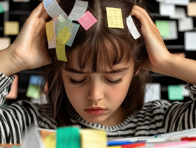 Fata coplesita de invatat cu multe stickere pe cap