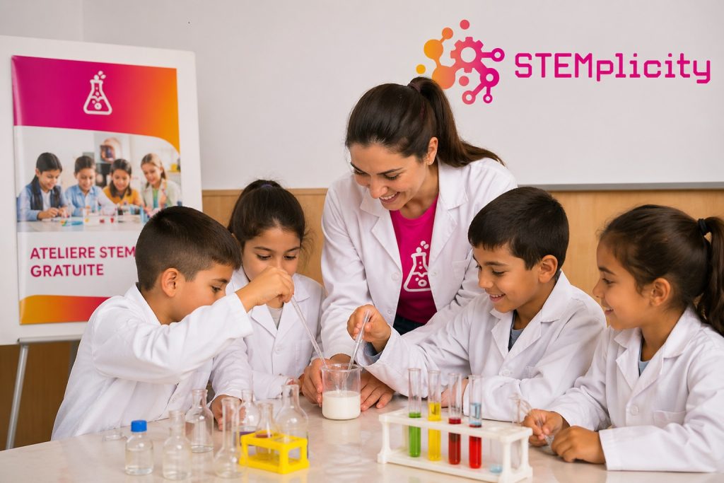 trainer si copii la un atelier de stiinte