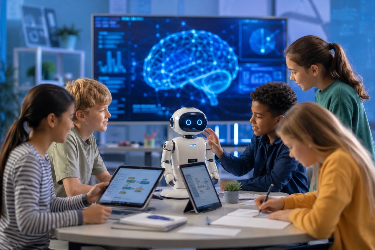 copii care invata cu ipad-uri si un robot langa ei