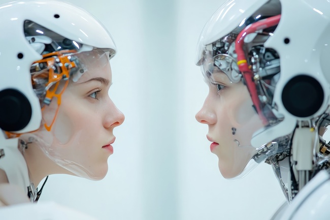 imagine cu doua persoanefata in fata care poarta casti de roboti