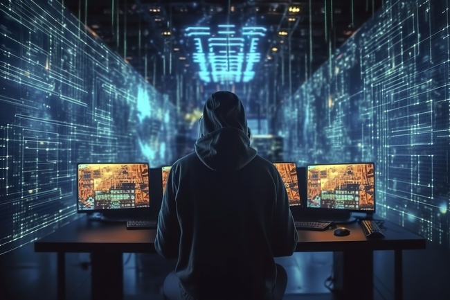 Spatele unui hacker care se uita in calculatoare