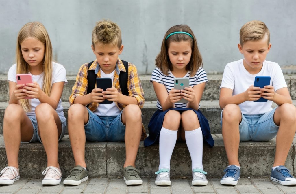 4 copii stand pe scari si uitandu-se pe telefon