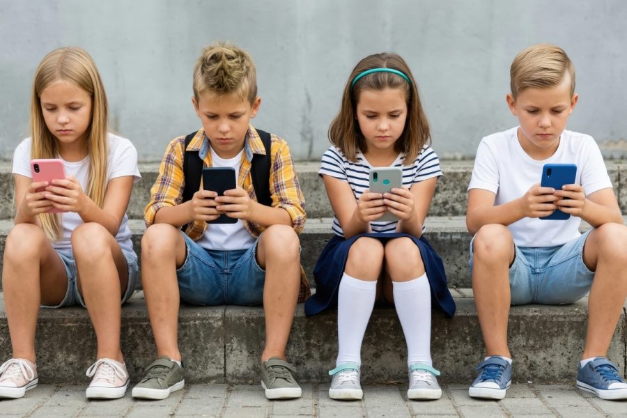 4 copii stand pe scari si uitandu-se pe telefon