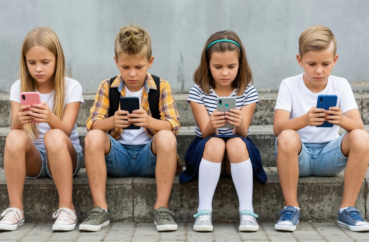 4 copii stand pe scari si uitandu-se pe telefon