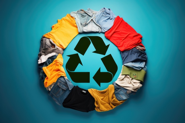 Cerc format din haine pe fundal albastru. Concept de reciclare