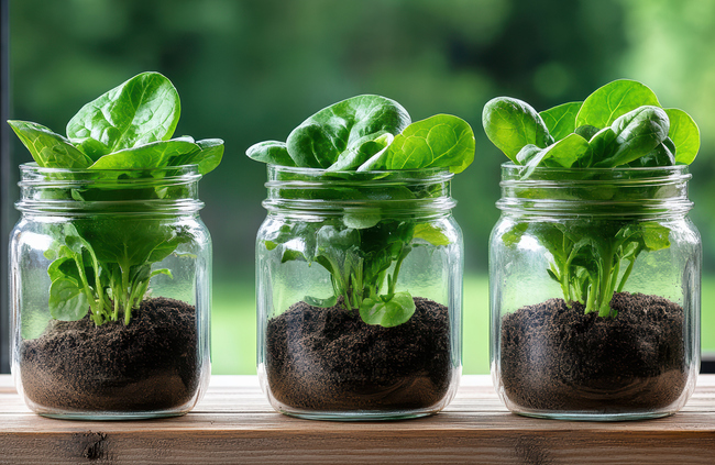 Plante care cresc in borcane pe o suprafata de lemn