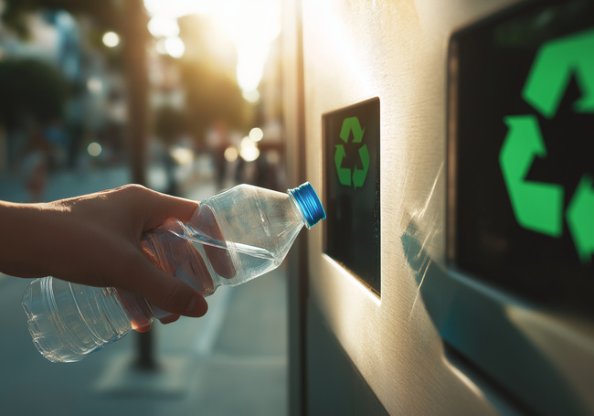 Mana care introduce o sticla de plastic in recipient de reciclare